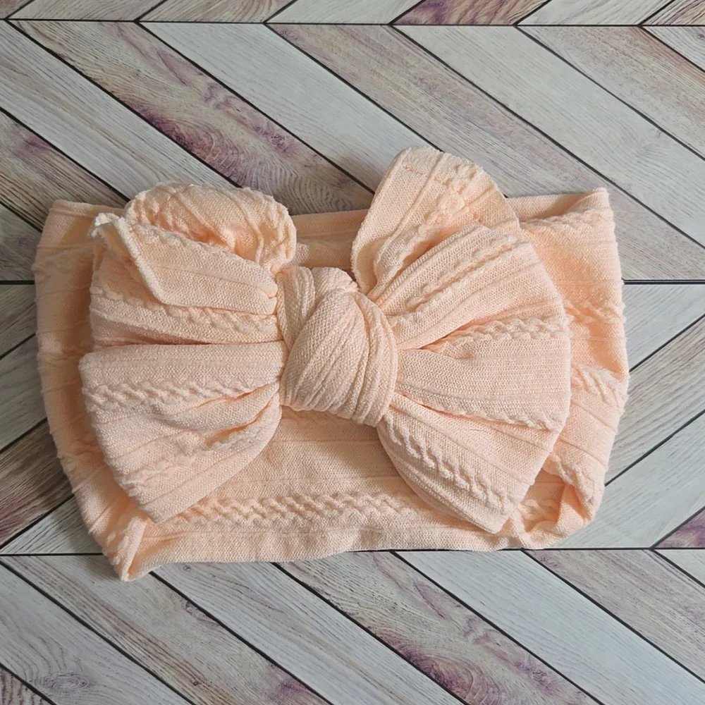 Baby Toddler Peach Cable Knit Bow Headband Stretchy Wide Kids Top Knot Hair Band
